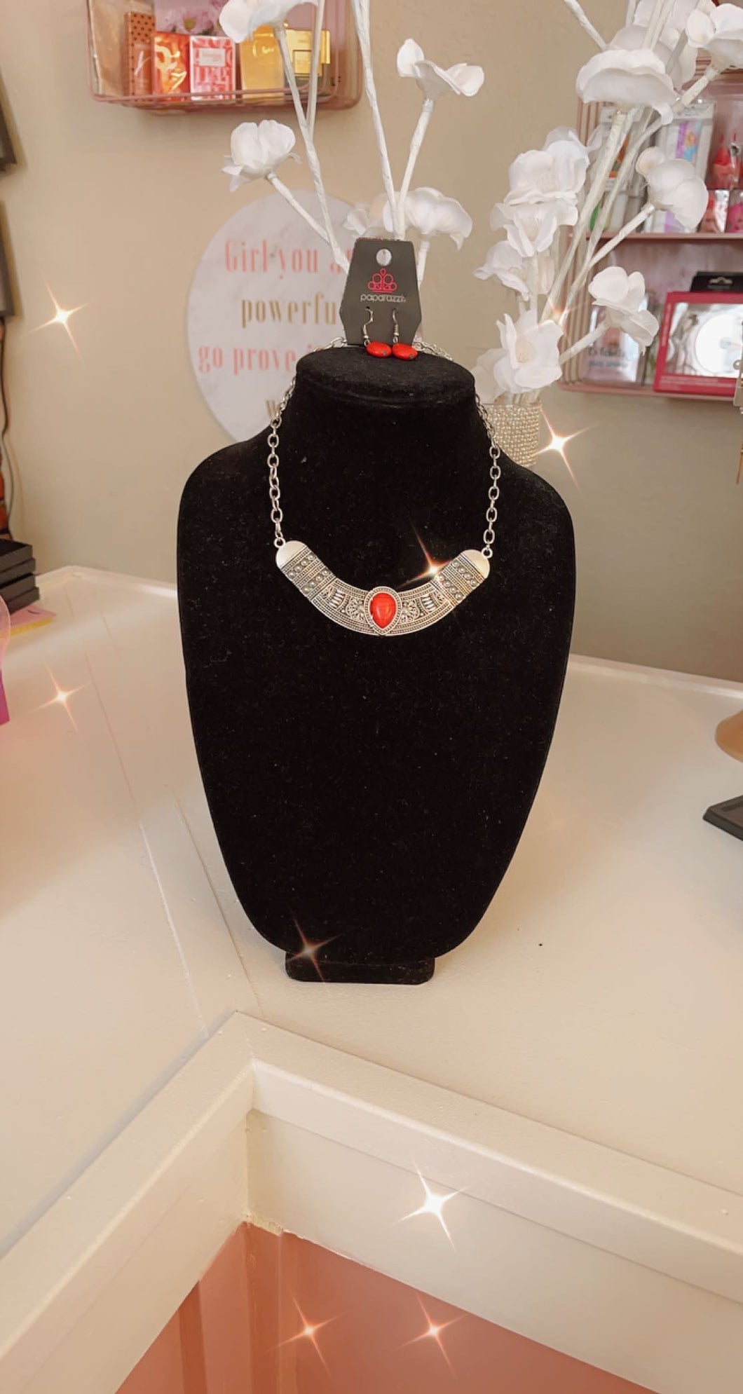 Red Accent Earrings & Necklace Set