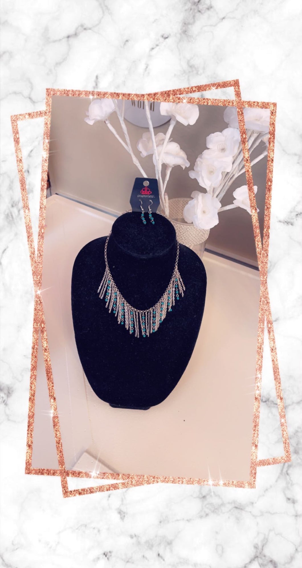 Blue & Silver Fringe Earrings & Necklace Set