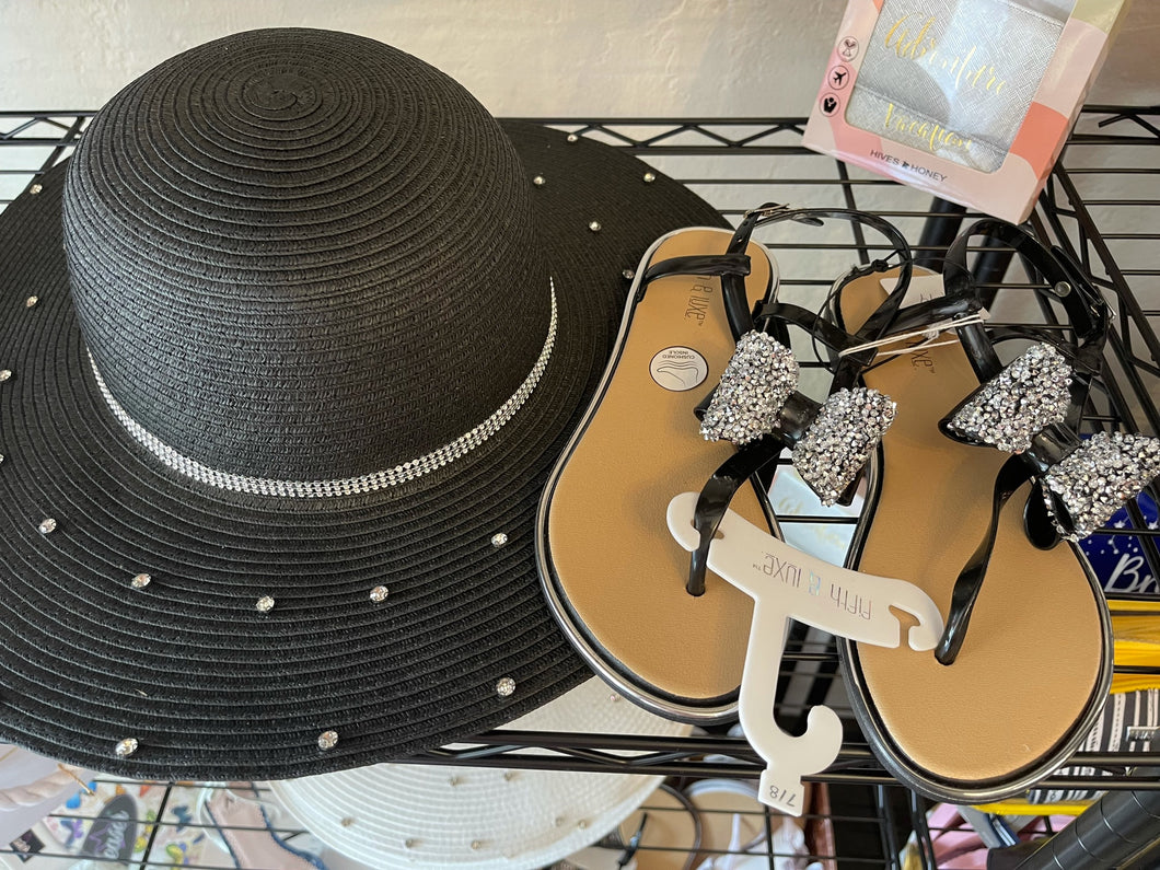 Black Rhinestone Fedora Hat W/ Matching Black Rhinestone Bow Sandals