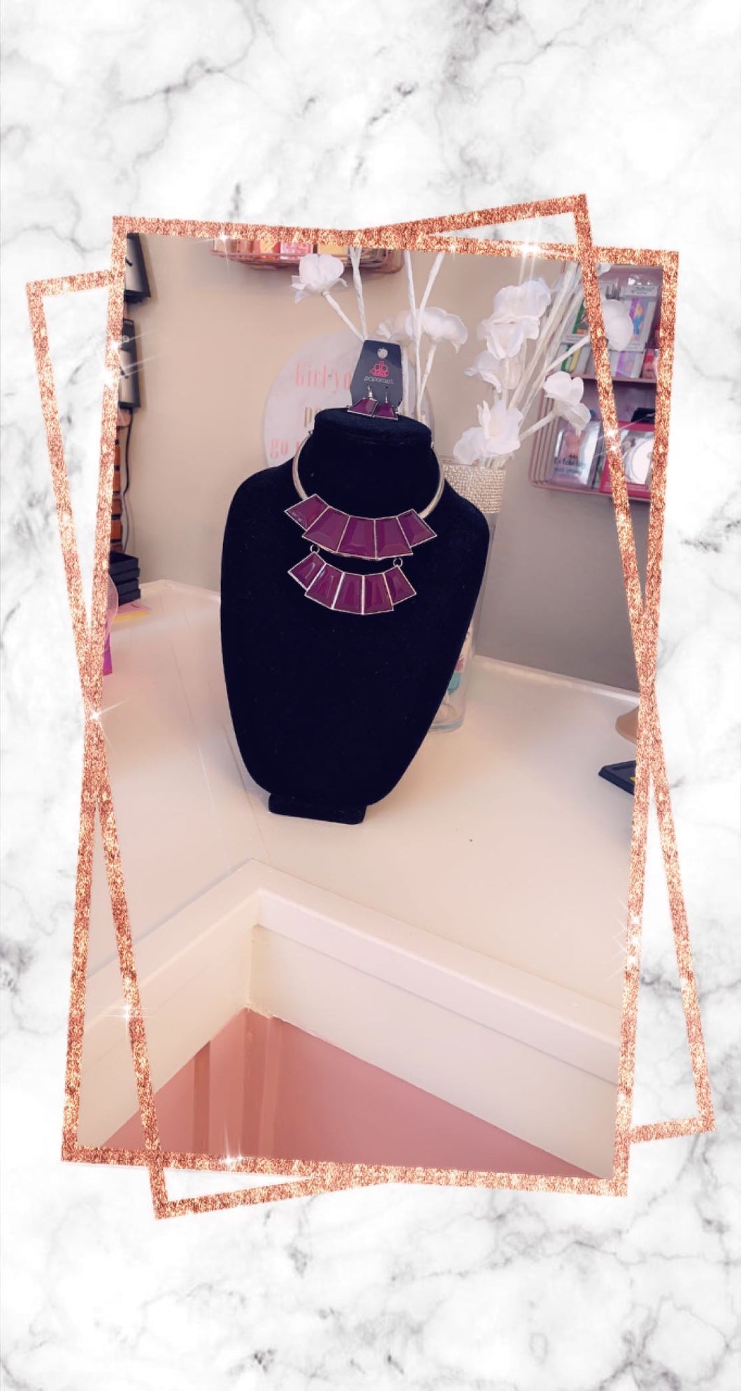 Two Tier Purple Gem Earrings & Necklace Set