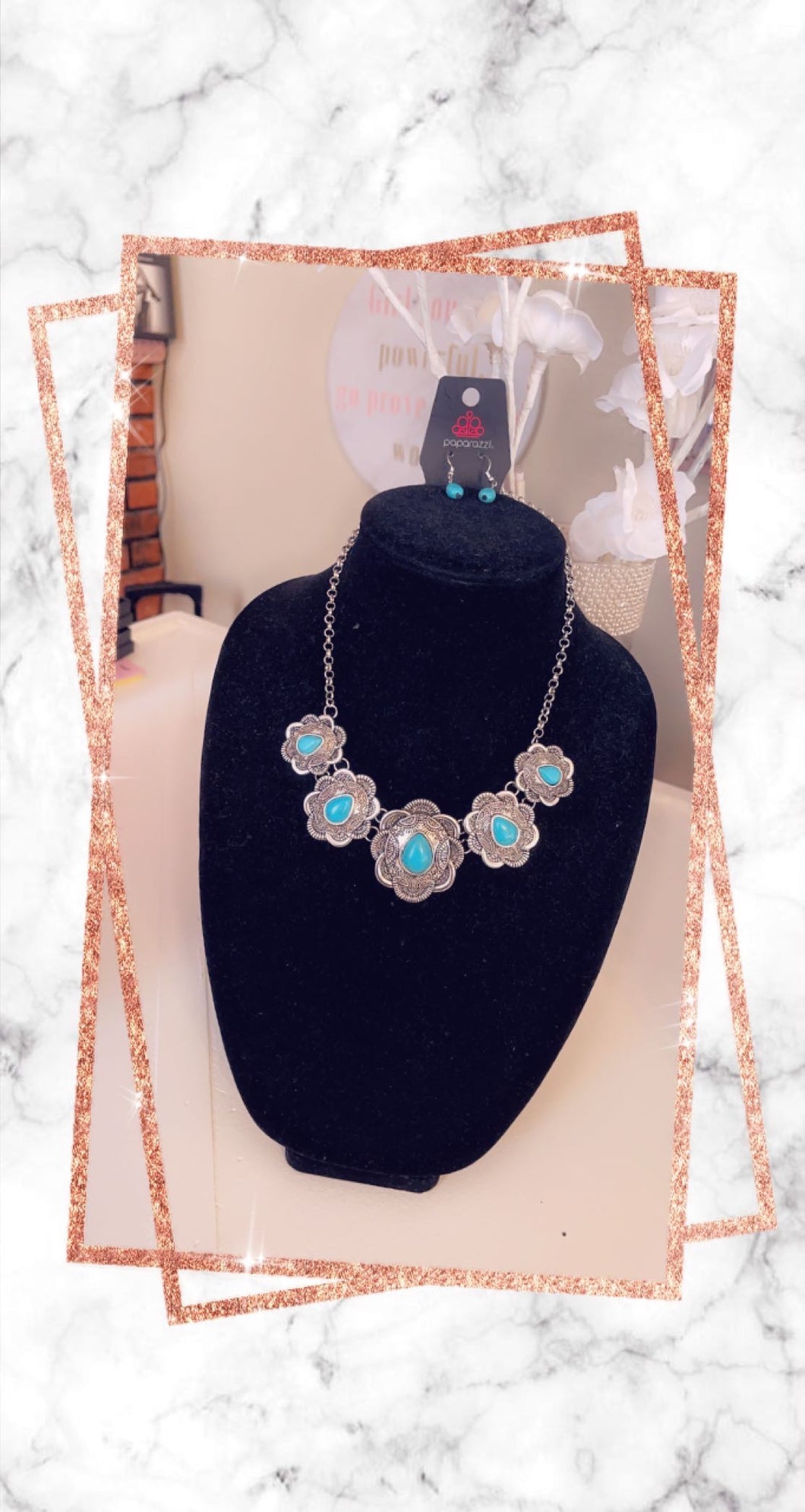 Blue & Silver Flower Earrings & Necklace Set